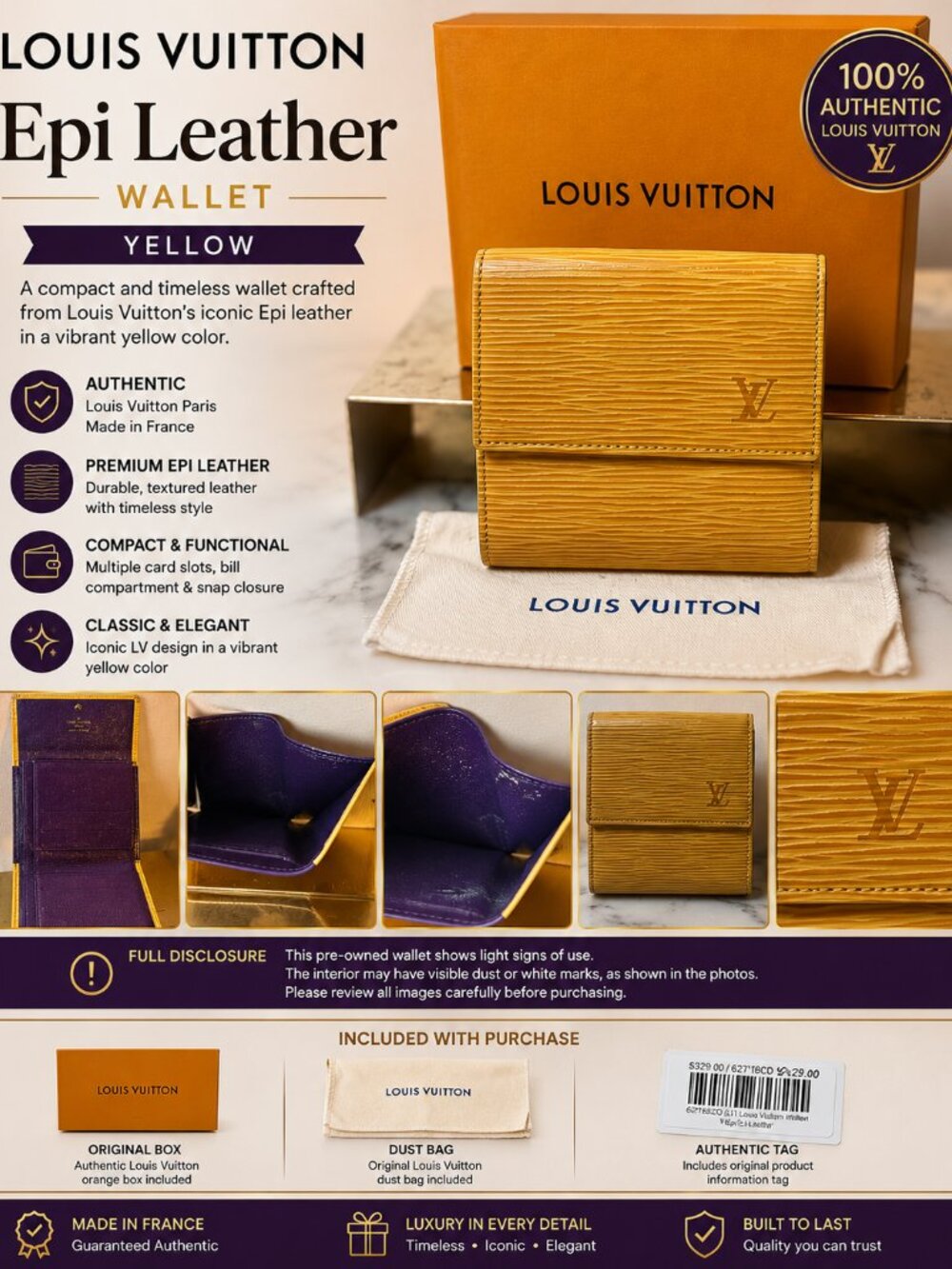Louis Vuitton Yellow Epi Leather Bi-Fold Wallet